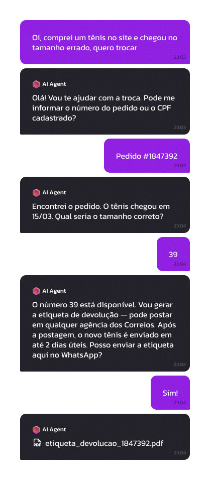 Conversa de atendimento via WhatsApp